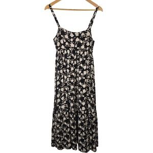 neuflora Black Cream Floral Rayon Tiered Maxi Dress Smocked Back Large ID31993